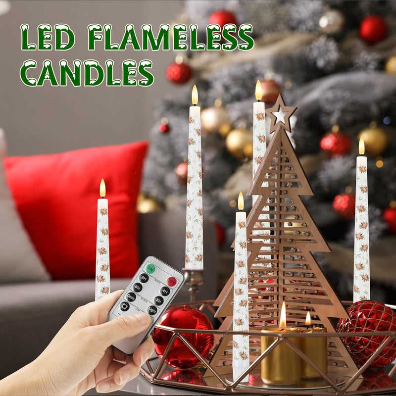 AFINETH Christmas Flameless Taper Candles with Flowers, 9.6"" Real Wax LED Candles with Remote, 3 Pcs Flickering Battery Operated Candles, Xmas Candlesticks for Home, Party Decor, White, MBGL23 - Image 5